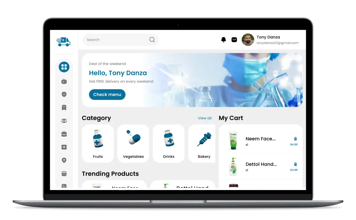 Pharmacy admin panel showing prescription management, inventory and multi-outlet analytics